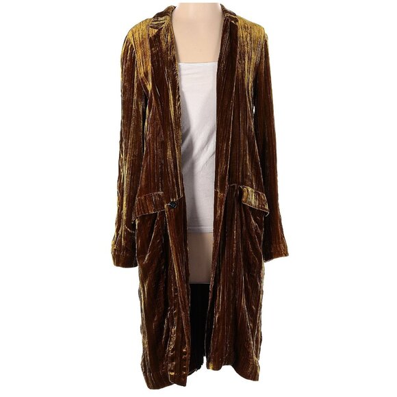 ZARA Woman Velvet Silk Blend Long Jacket Mustard Gold Textured Coat S - Picture 2 of 4